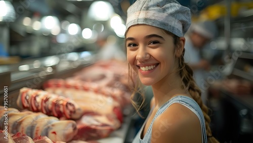 Woman smiling while inspecting meat products in controlled environment to maintain standards. Concept Food Safety Inspections, Quality Control, Meat Processing Facility, Woman in Work Environment