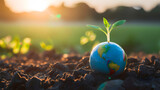 Capturing the warm sunlight on a small globe with a plant sprout suggesting global ecological optimism and sustainable living