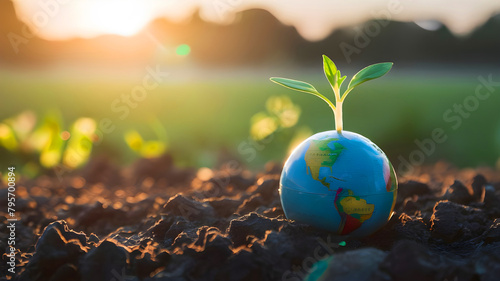 Capturing the warm sunlight on a small globe with a plant sprout suggesting global ecological optimism and sustainable living photo