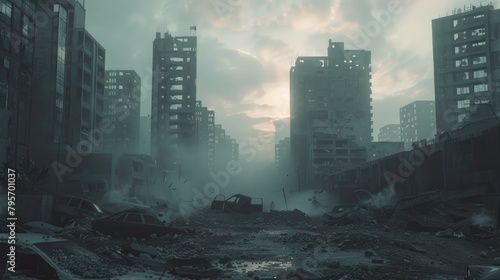 Post-Apocalyptic Cityscape with Abandoned Cars and Buildings photo