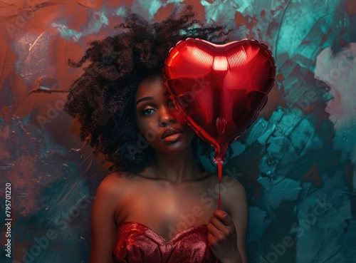 Elegant Woman with Red Heart Balloon on Vibrant Background photo