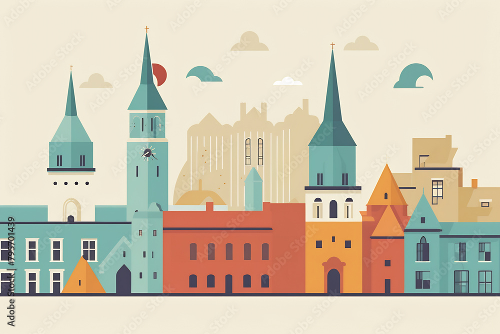 Tallinn urban landscape with cityscape silhouette . Pattern with houses. Illustration