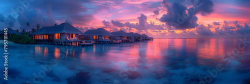 Amazing Sunset Panorama at Maldives Luxury Resortrant, A painting of houses on a lake with the sun setting behind them. 