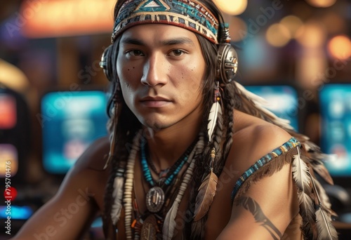 Man dressed in traditional Native American attire. The portrait conveys cultural identity and heritage. © natakot