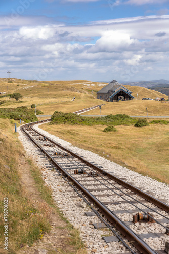 The Great Orme Tramway rail with the midway station in the distance - Llandudno, North Wales