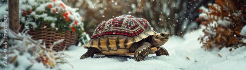 An elderly tortoise slowly navigates a snowy garden path, its shell covered by a cozy, customfit sweater with classic diamond patterns photo