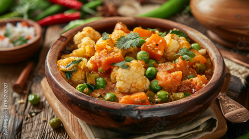 Indian curry dish with mixed vegetables. It includes carrots, cauliflower, green peas, beans, baby corn, and capsicum. The curry is made with traditional masala and cottage cheese.