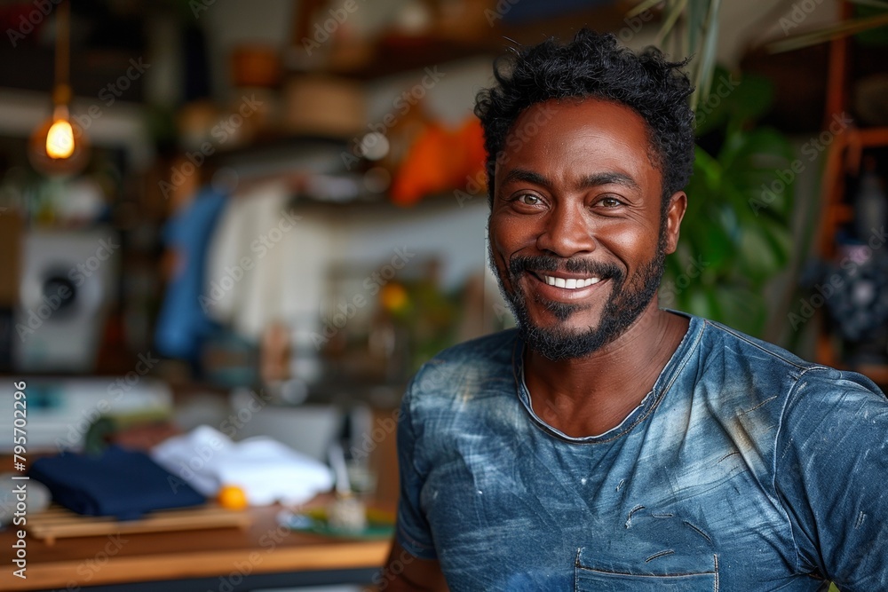 A confident young professional poses in his indoor workplace, reflecting craftsmanship and dedication to his small business A confident young professional poses in his indoor workplace, reflecting craftsmanship and dedication to his small business