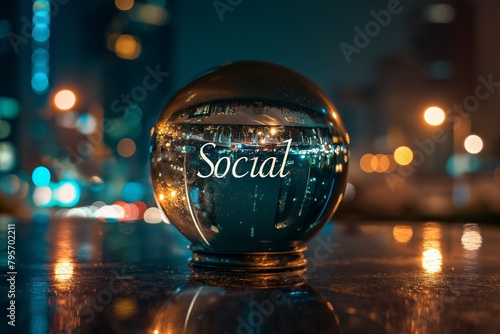 Social engraved on a glass globe reflecting city lights at night.