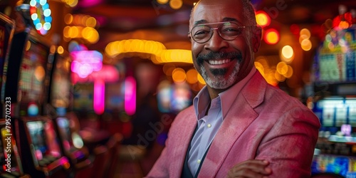 Lucky mature player enjoys casino slot, exuding joy amidst vibrant nightlife