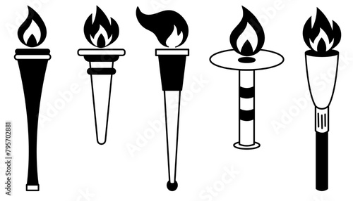 Set of torches with fire. Symbol of competition victory, championship. Vector illustration