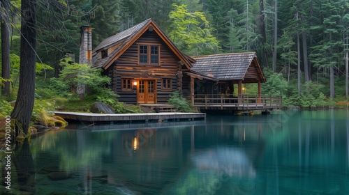Rustic Log Cabin by a Serene Lake, Wooden Dock, Surrounded by Dense Forests, Perfect Escape