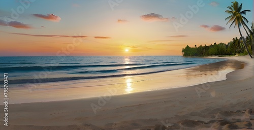 Paradise beach with palm trees and calm ocean at dawn or sunset.