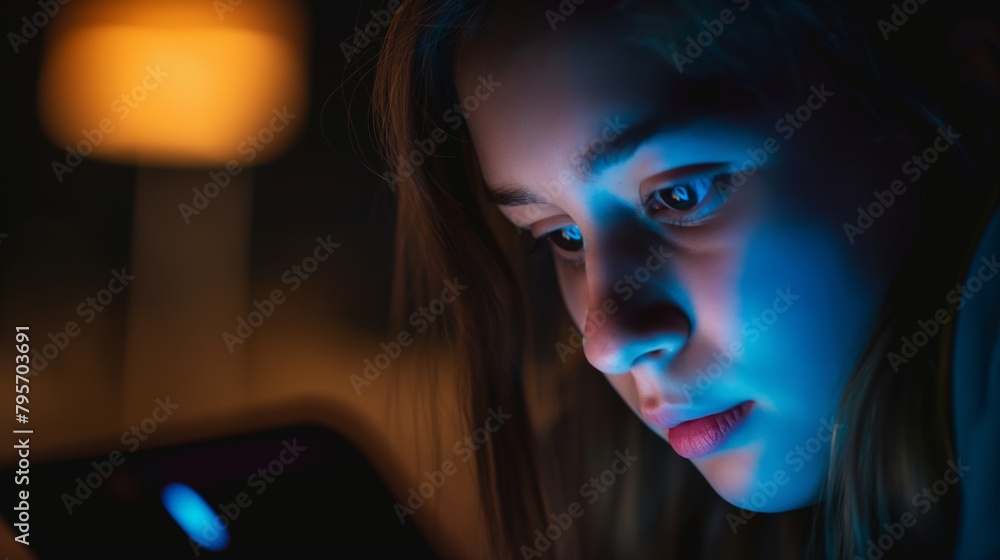Young woman texting on her cell phone at night - using addictive social media / technology Young woman texting on her cell phone at night - using addictive social media / technology
