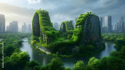 Futuristic green city district with modern skyscraper architecture and environmental focus. Concept Green Buildings, Futuristic Architecture, Urban Development, Sustainable Cities #795703656