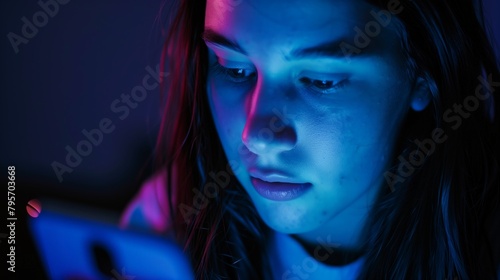 Young woman texting on her cell phone at night - using addictive social media / technology