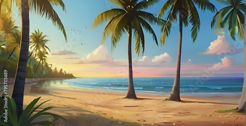 Paradise beach with palm trees and calm ocean at dawn or sunset.