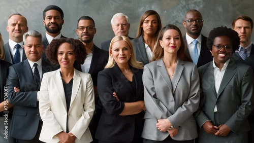 Diverse group of business professionals standing together. Portrait of a team of corporate men and women in formal attire.  photo