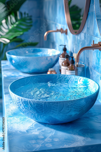 Close-up of washbasins in the modern interior of bathroom in blue shade.