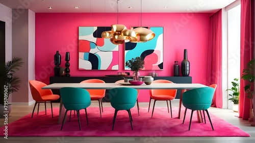 Type of Image: Artistic Image, Subject Description: An artistic representation of a modern dining room with a sleek table and neon-colored chairs, Art Styles: Abstract interior design illustration, Ar
