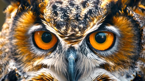Intense Gaze of a Majestic Owl: Close-up Portrait. Wildlife and Nature Photography. Perfect for Educational and Artistic Use. Striking Detail and Color. AI © Irina Ukrainets