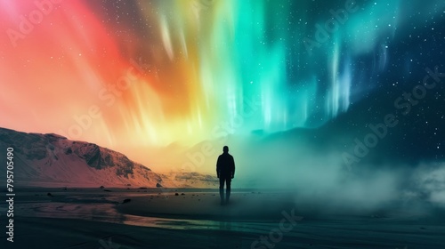 Abstract portrayal of human emotion as colorful auroras emanating from a silhouetted figure standing in a stark  monochromatic landscape.