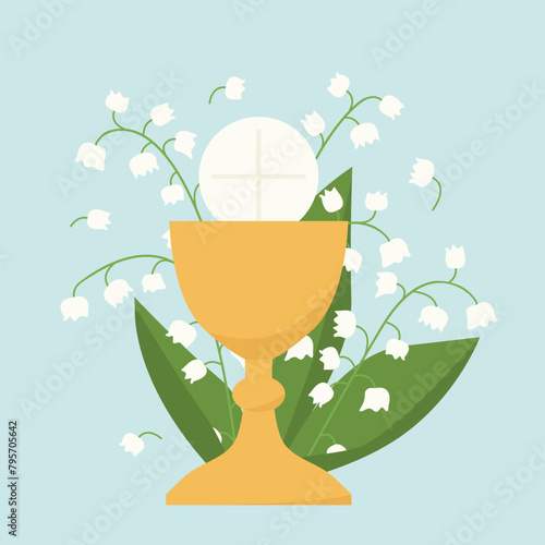 holy communion chalice and ily of the valley flowers; design element for first holy communion invitations and greeting cards - vector illustration