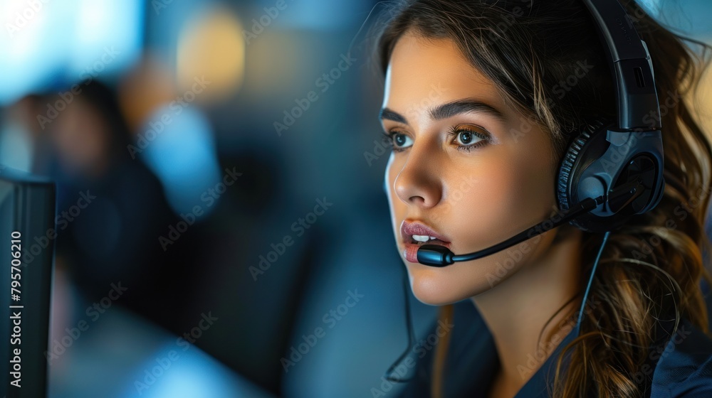 A female call center operator wearing a headset looks intently at the computer screen. A female call center operator wearing a headset looks intently at the computer screen.