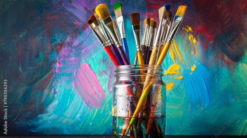 Fototapeta premium Mason Jar with Colorful Paintbrushes.