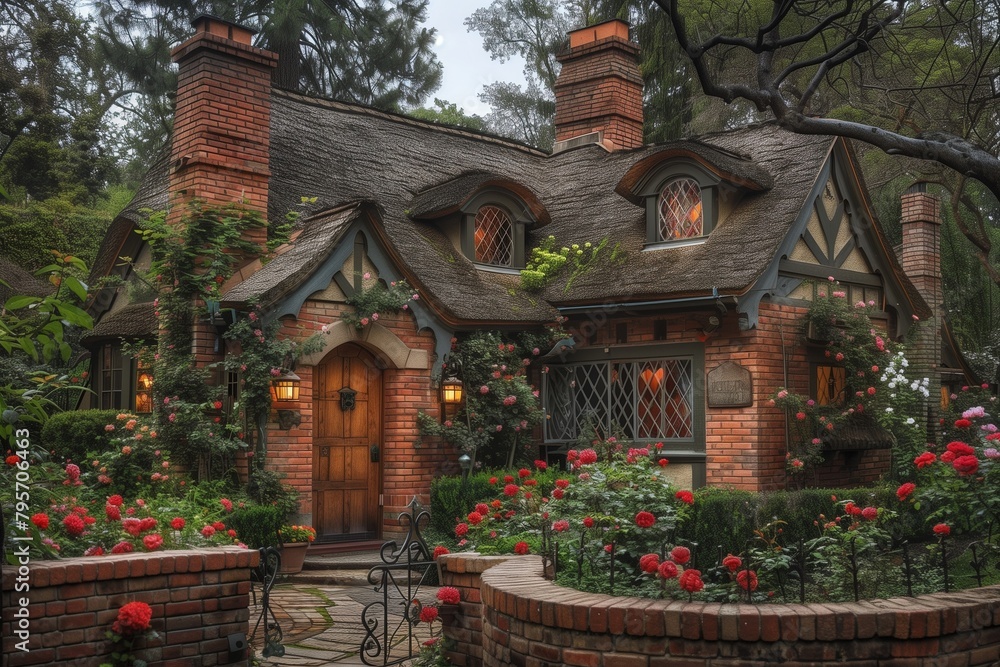 Obraz premium Traditional English cottage with a brick and wattle-and-daub exterior, featuring a curved thatched roof, diamond-pane windows,