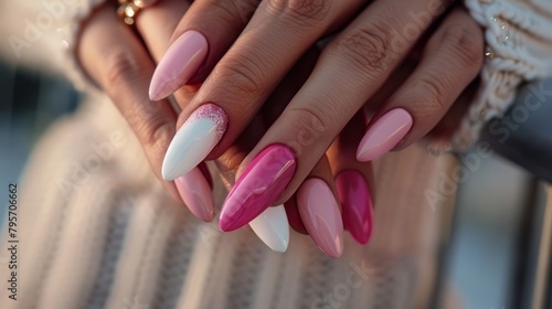 Womans Hand With Pink and White Nails.