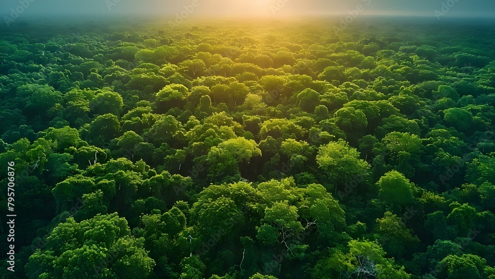 Drone captures lush forest canopy promoting carbon neutrality and sustainability. Concept Drone Photography, Forest Canopy, Carbon Neutrality, Sustainability, Lush Environment