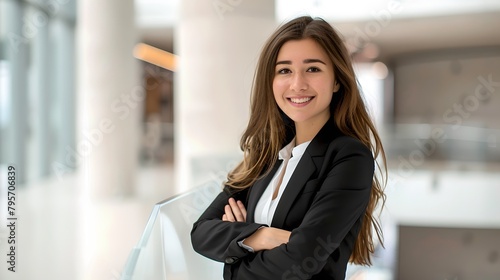 Confident Young Professional Woman Smiling in Business Attire, Office Environment. Modern, Casual Corporate Style. Entrepreneurs, Leadership Representation. AI