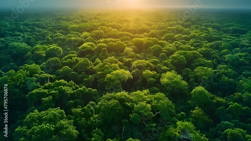 Drone captures lush forest canopy promoting carbon neutrality and sustainability. Concept Drone Photography, Forest Canopy, Carbon Neutrality, Sustainability, Lush Environment photo