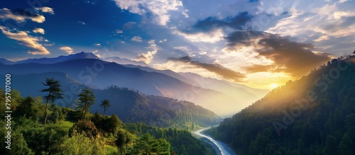 Colorful landscape with high mountains, beautiful river, green forest, blue sky with clouds and yellow sunlight at sunset in summer. Mountain valley. Beautiful high quality nature landscape.