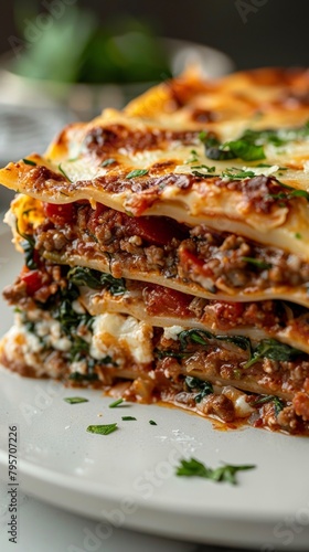 delicious meat lasagna with fresh basil leaves close up