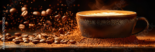 Coffee Beans Cascading Around a Latte Cup, Cup of coffee with latte art on coffee beans background 