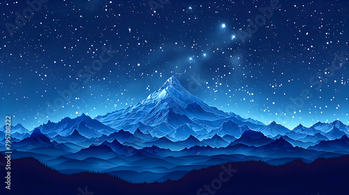 A simple line art of a single mountain peak under a starry sky