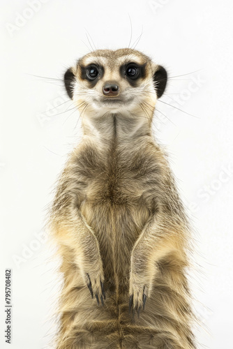 A meerkat is upright on its hind legs, displaying its characteristic alert stance in its natural habitat