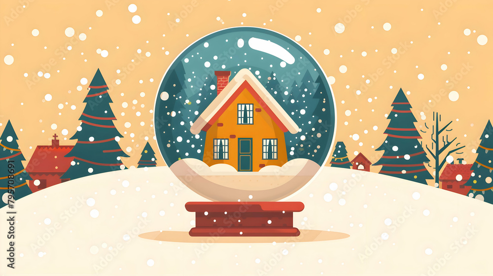 A simple line art of a minimalist snow globe with a single house inside A simple line art of a minimalist snow globe with a single house inside