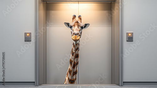 A giraffe standing tall in front of an open door, showcasing its long neck and unique patterns
