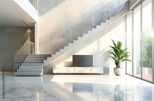 Modern living room staircase  concrete wall  glass window  large sofa.
