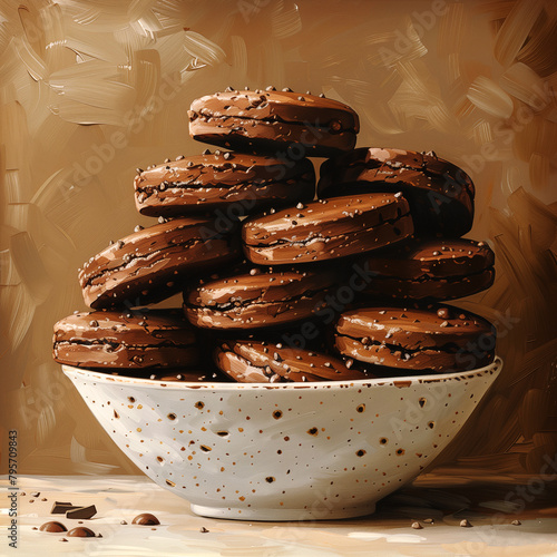 Delicious homemade chocolate cookies with creamy filling in a bowl
