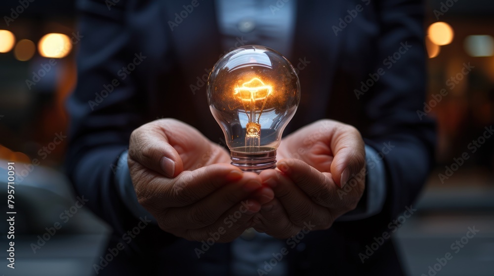 Fototapeta premium Illuminating Creativity: Person Holding a Light Bulb