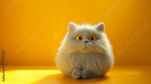 Fat cute fluffy cat on a yellow background. 3d illustration, banner copy space