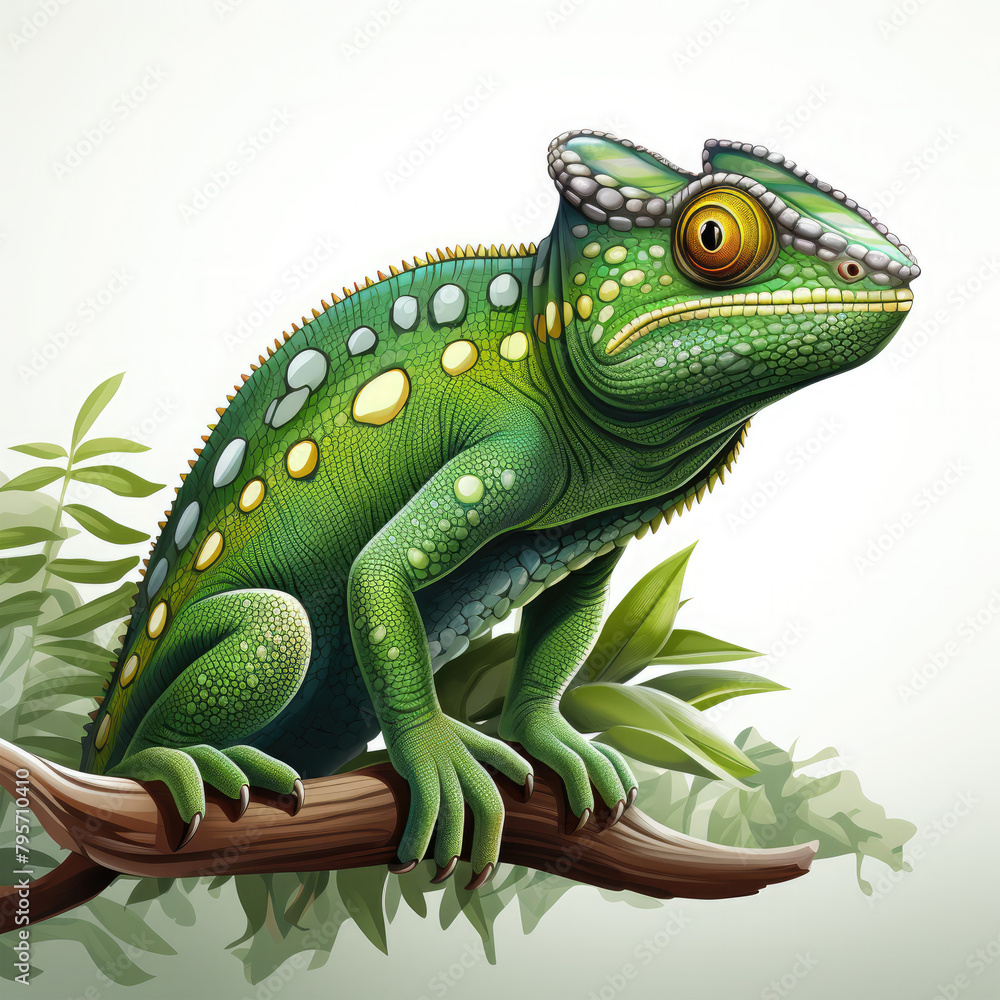 Fototapeta premium Watercolor Green colored chameleon close up, clipart Illustration, Generative Ai