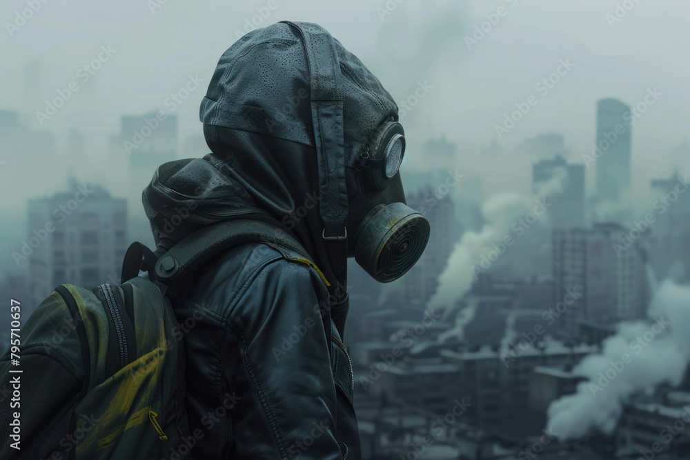 A person wearing a gas mask and a leather jacket stands in front of a city skyline. Concept: post-apocalypse. A person wearing a gas mask and a leather jacket stands in front of a city skyline. Concept: post-apocalypse.