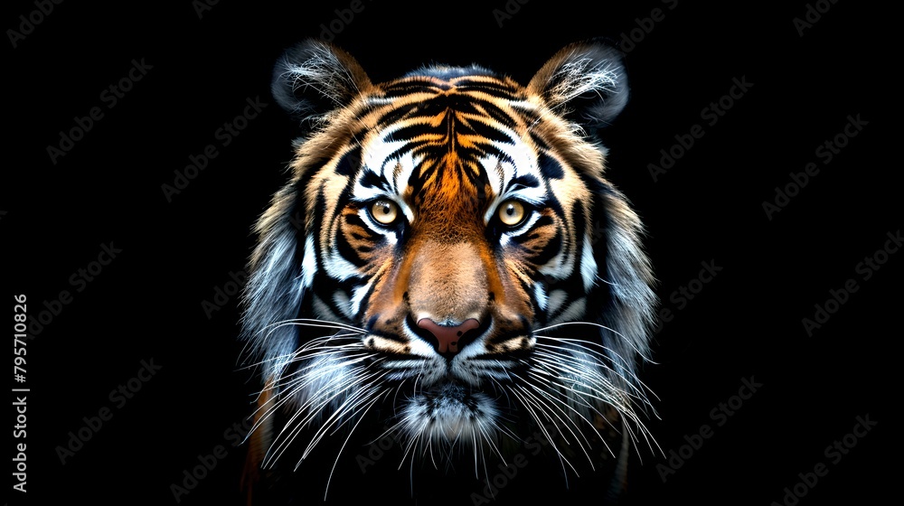 Fototapeta premium Majestic Tiger Portrait on Black Background, Powerful Feline Face Close-Up, Striped Wild Animal, Elegance in Wildlife Photography. AI