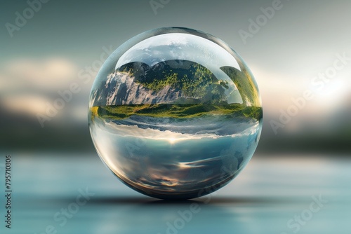 Glass globe 3D logo shining with Earth's landscapes reflected in intricate detail. © Ammara studio