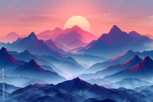 A symphonic blend of pinks and reds paint the sunset on a multi-layered mountain range. AI Generated photo